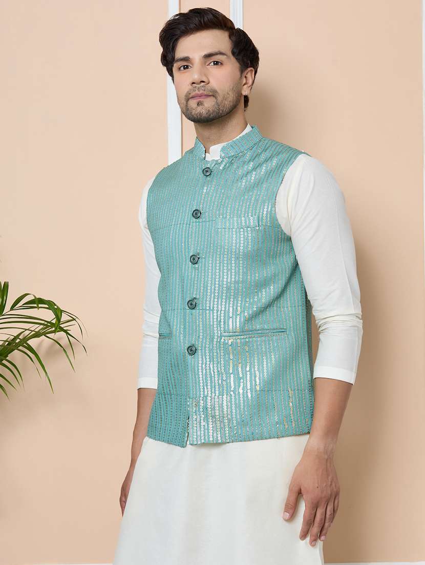 men self design sleeveless nehru jacket - 22391895 -  Standard Image - 3