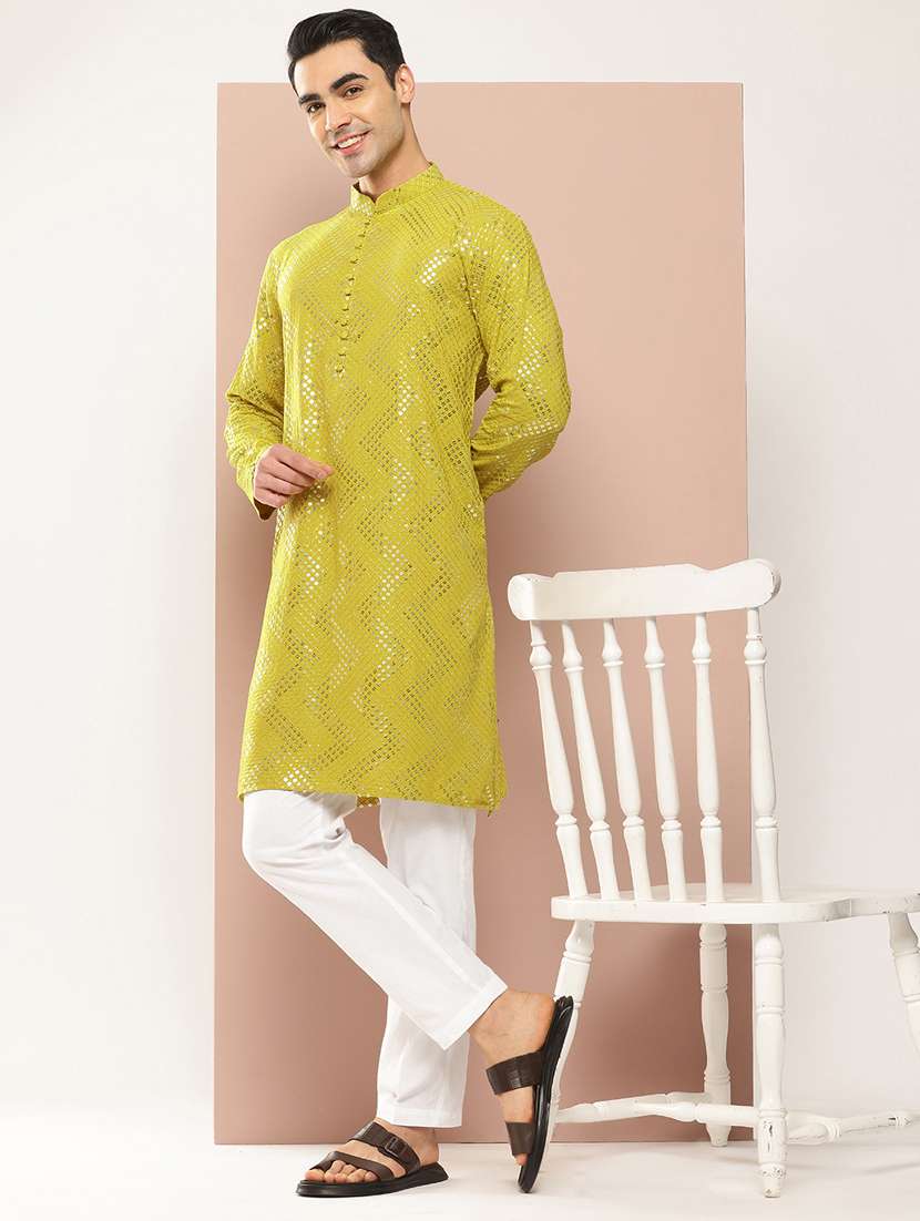 men self design long sleeve kurta