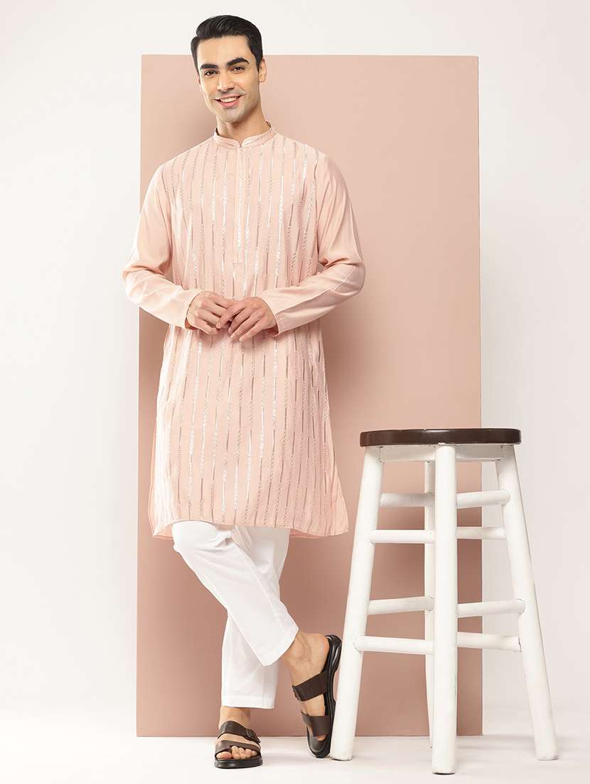 men self design long sleeve kurta