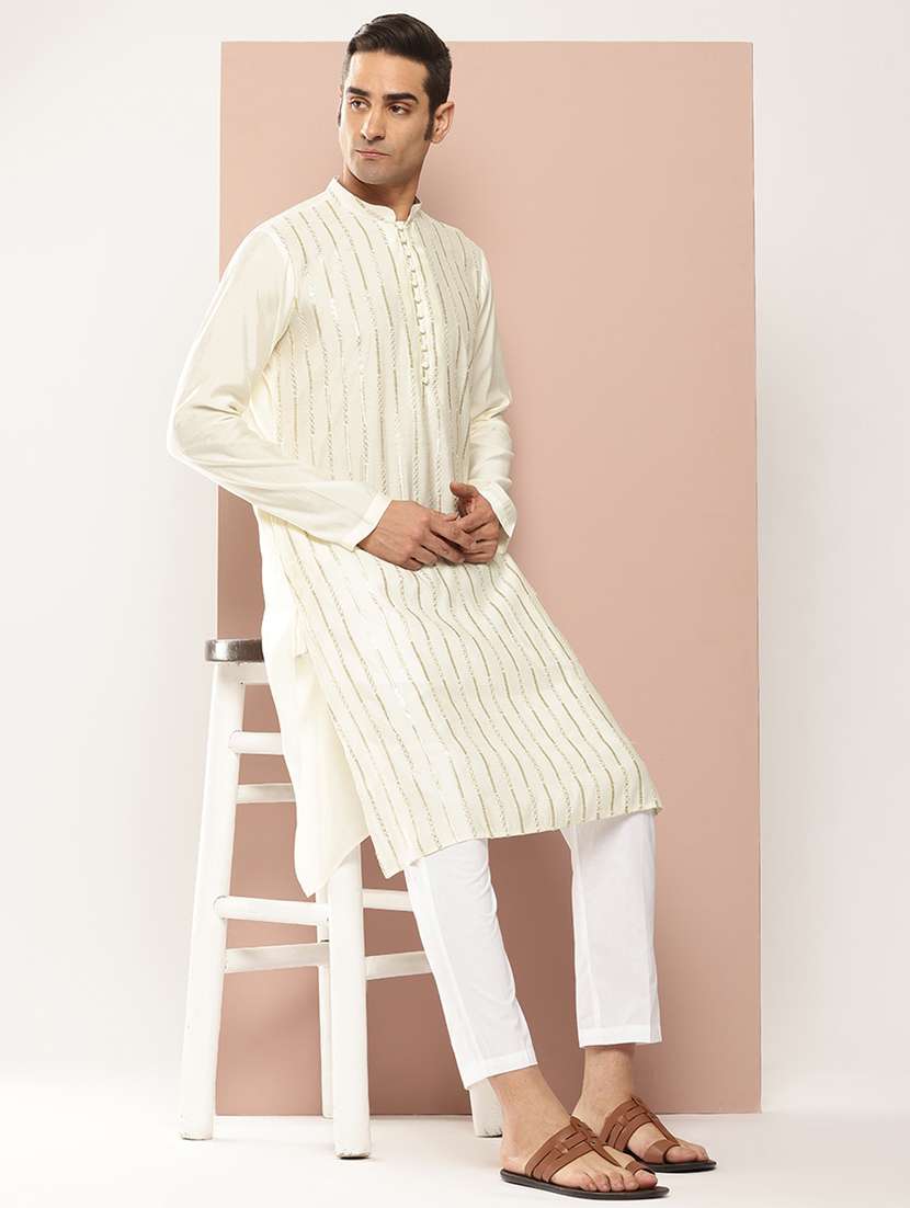 men self design long sleeve kurta
