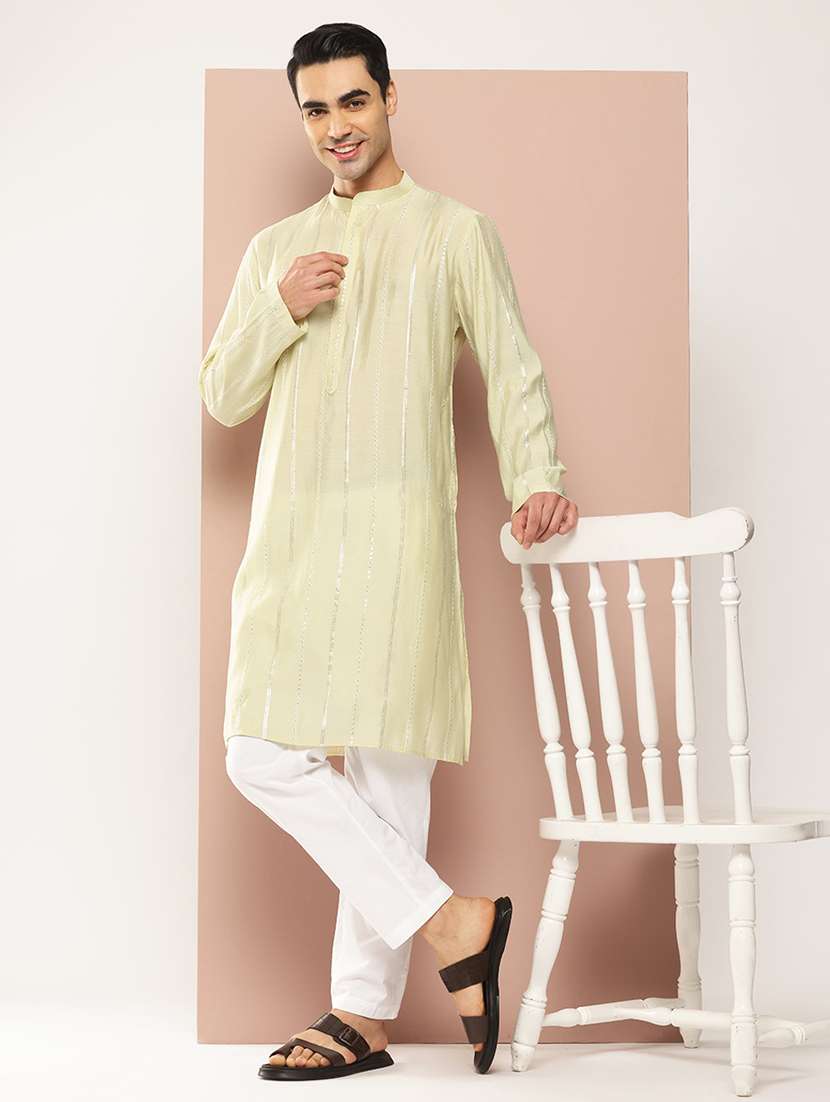 men solid with work mandarin neck long kurta