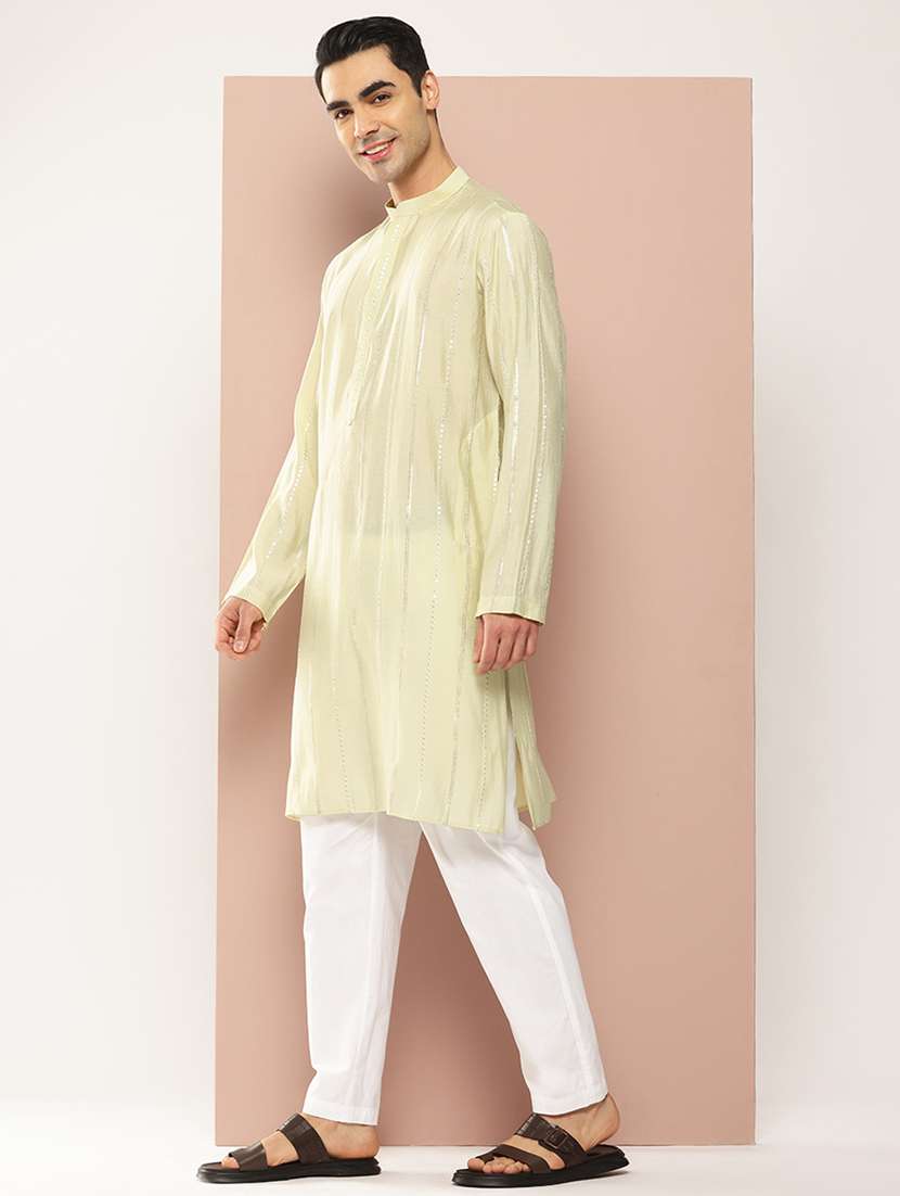 Men Solid With Work Mandarin Neck Long Kurta - 22391955 -  Standard Image - 3