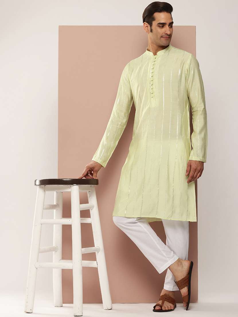 men solid with work mandarin neck long kurta