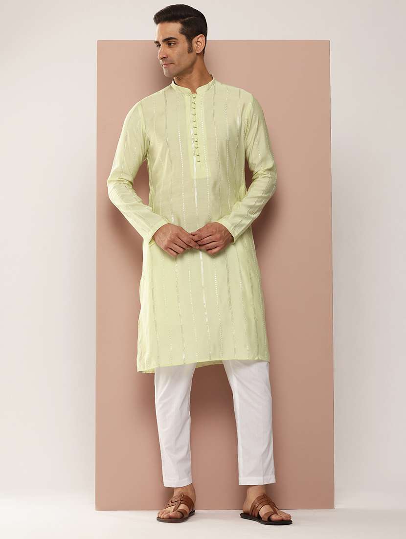 men solid with work mandarin neck long kurta - 22391956 -  Standard Image - 3