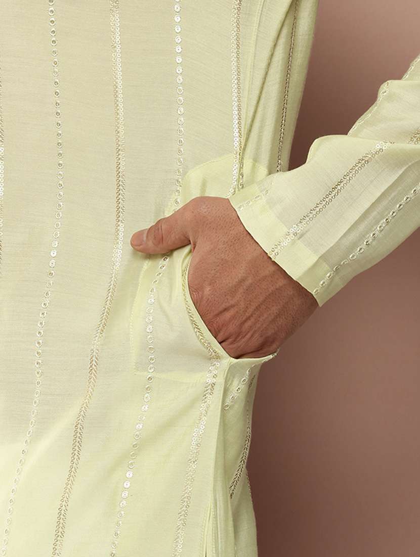 men solid with work mandarin neck long kurta - 22391956 -  Standard Image - 5