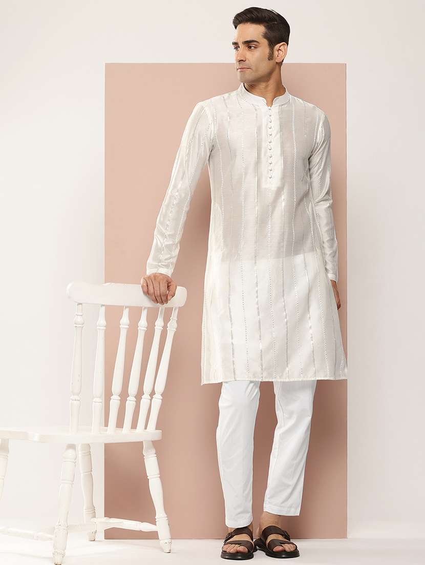 men solid with work mandarin neck long kurta