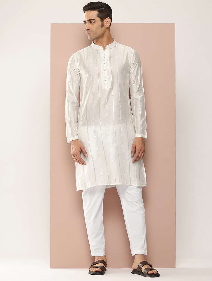 men solid with work mandarin neck long kurta - 22391962 -  Standard Image - 3