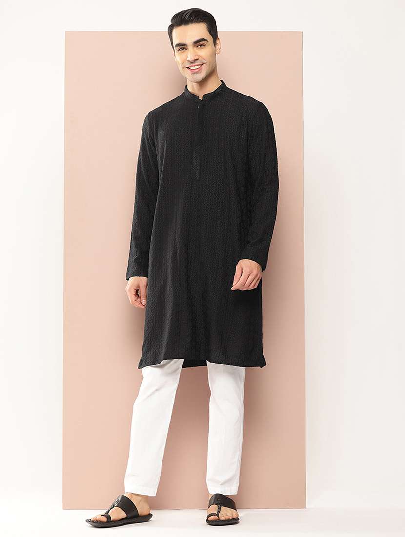men solid with work mandarin neck long kurta