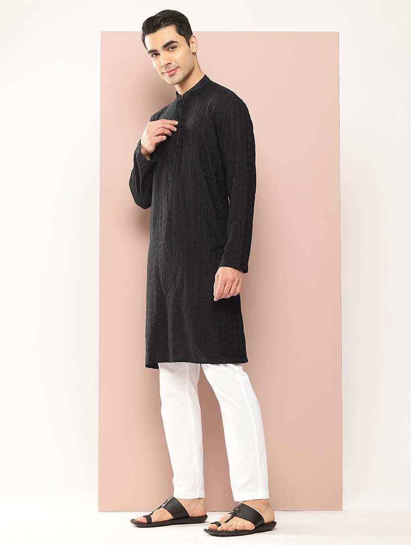 men solid with work mandarin neck long kurta - 22391966 -  Standard Image - 3