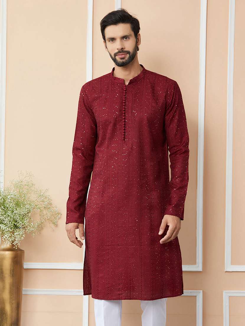 men solid with work mandarin neck long kurta - 22391967 -  Standard Image - 5
