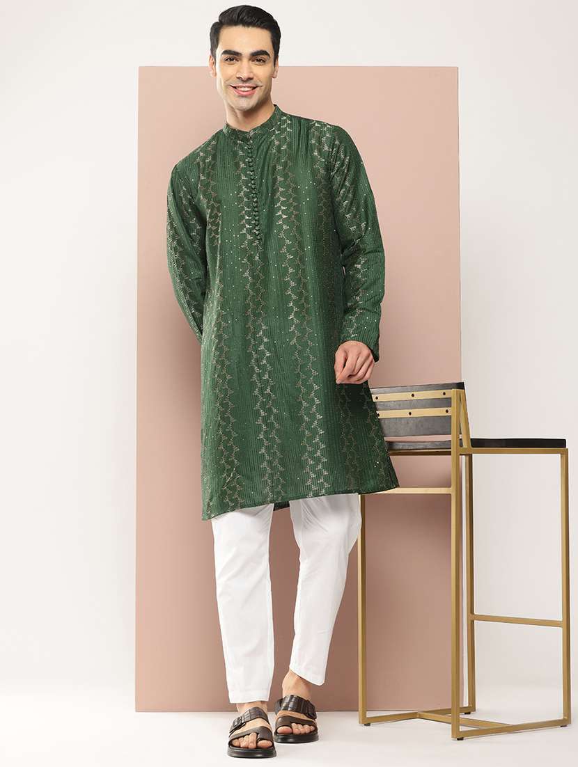 men solid with work mandarin neck long kurta