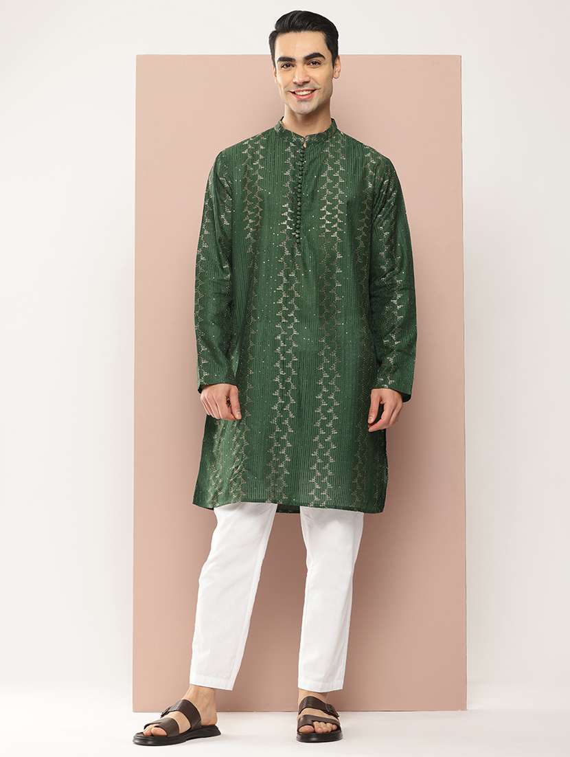 men solid with work mandarin neck long kurta - 22391968 -  Standard Image - 3