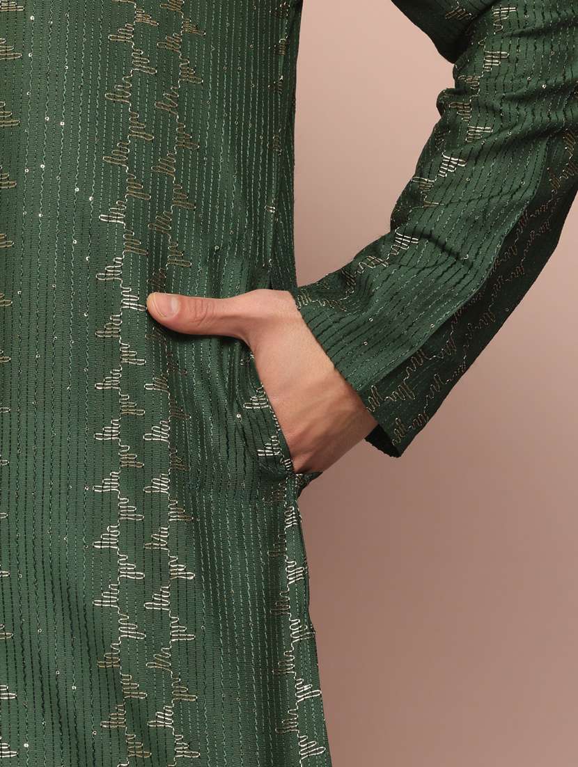 men solid with work mandarin neck long kurta - 22391968 -  Standard Image - 5