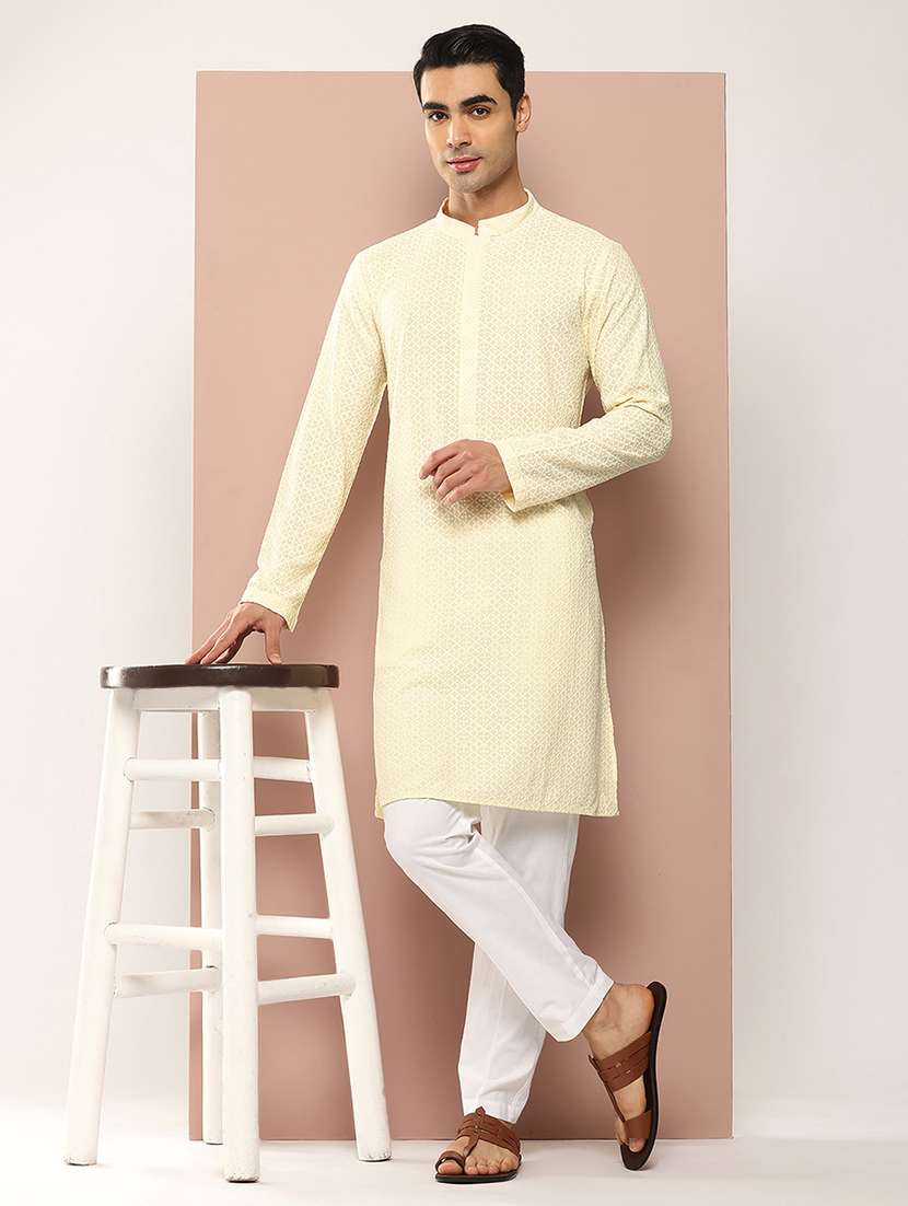 men solid with work mandarin neck long kurta