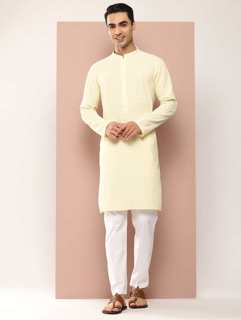 men solid with work mandarin neck long kurta - 22391974 -  Standard Image - 3
