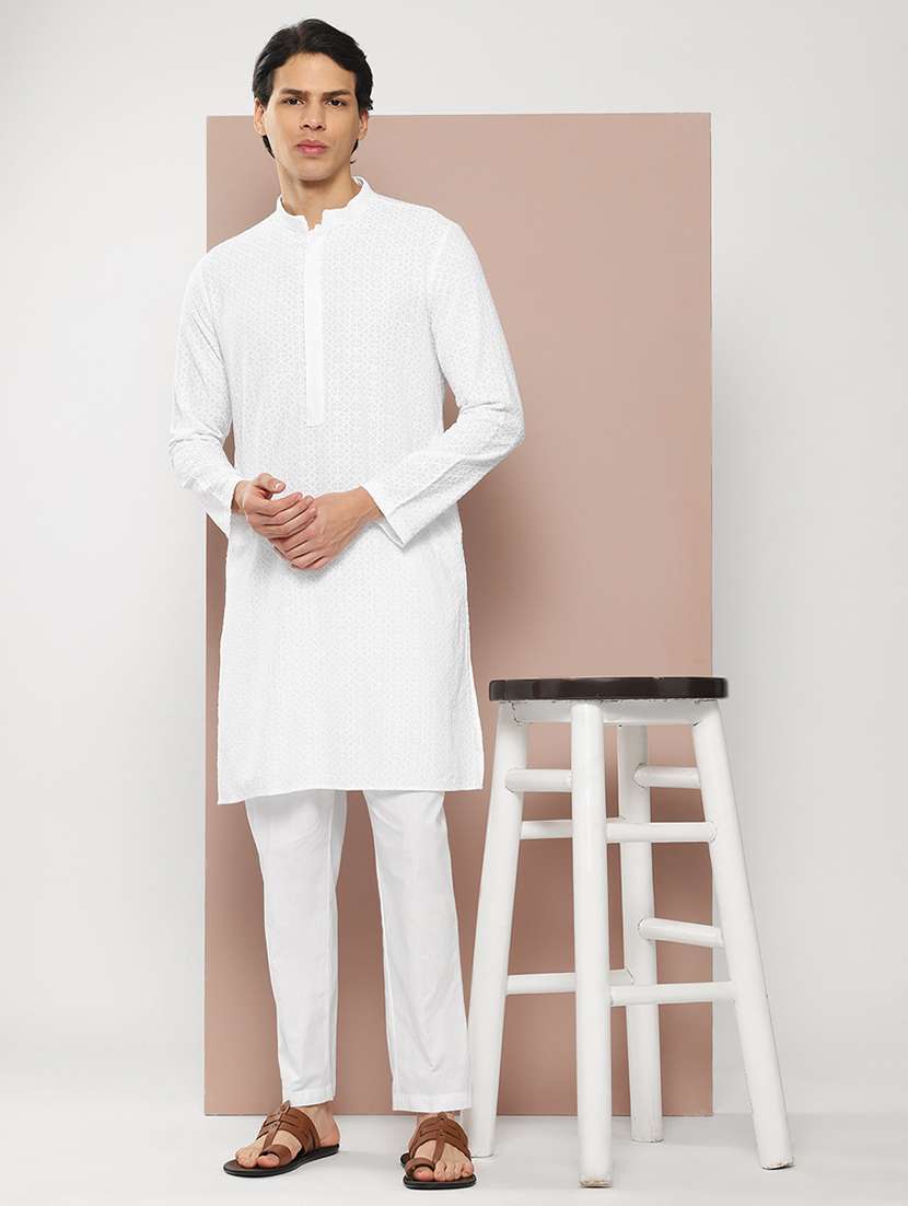 men solid with work mandarin neck long kurta
