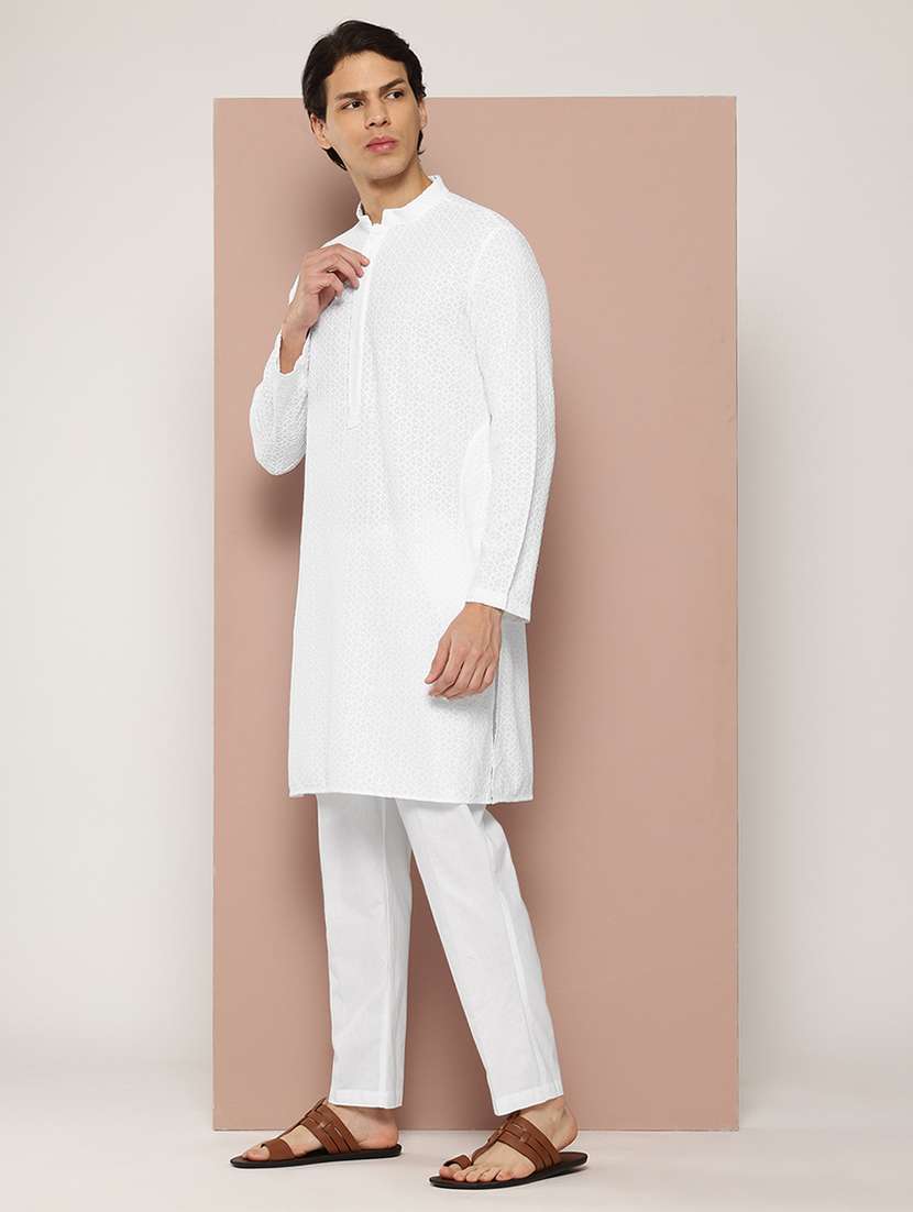men solid with work mandarin neck long kurta - 22391977 -  Standard Image - 3