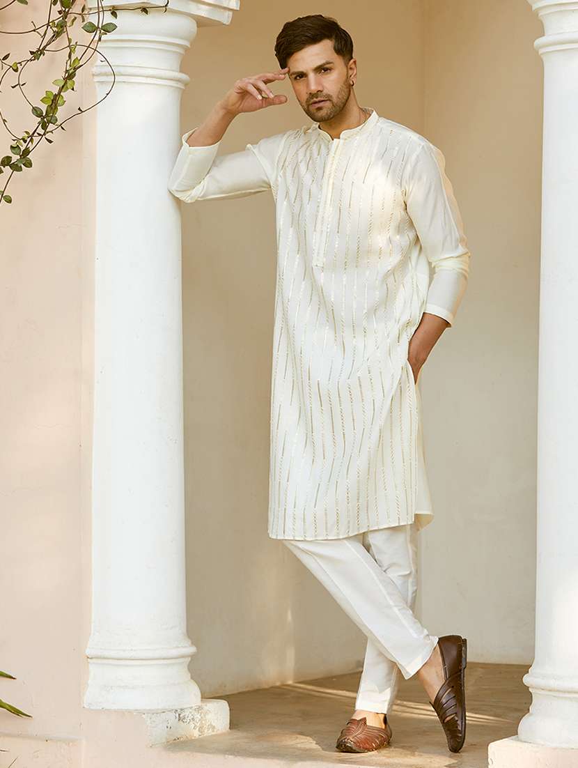 men self design long sleeve kurta