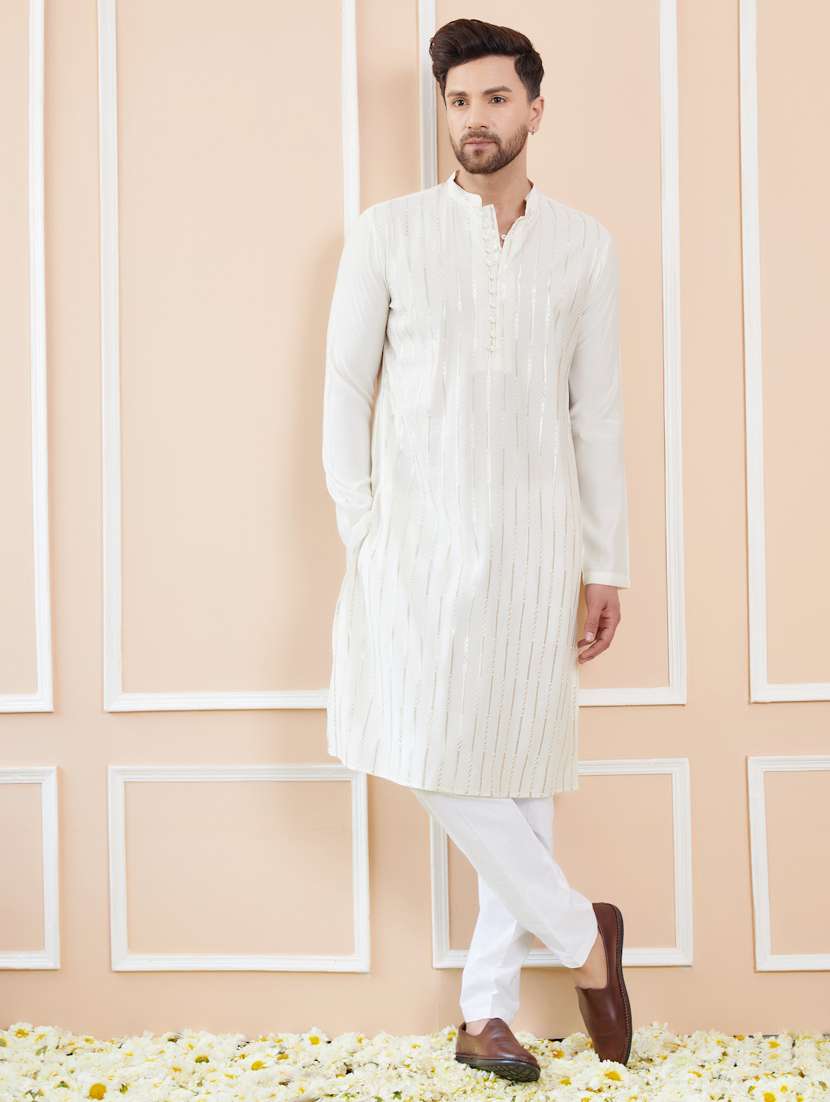 men self design long sleeve kurta