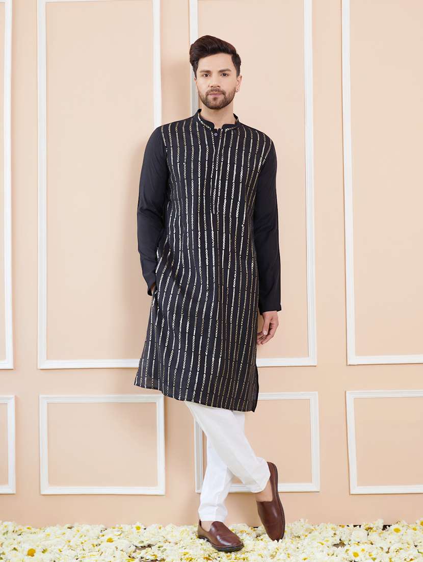 men self design long sleeve kurta