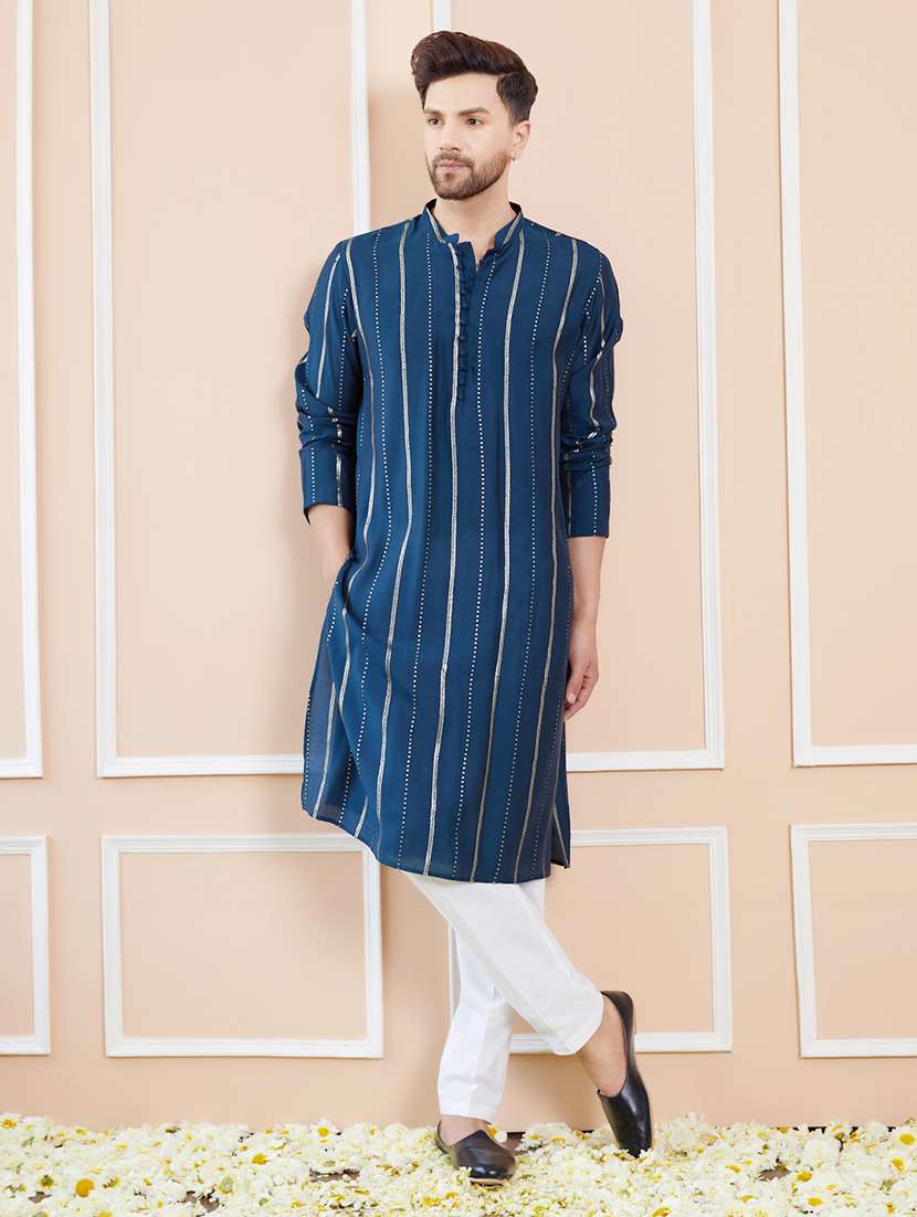 men self design long sleeve kurta