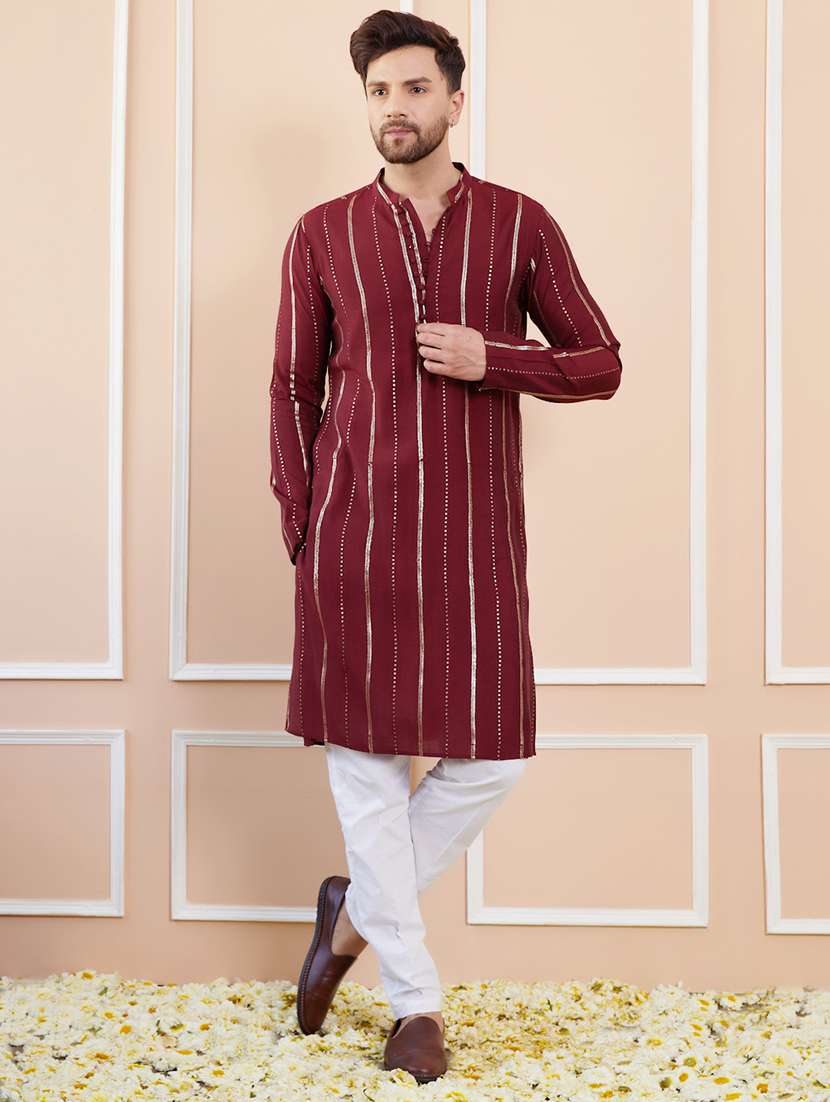 men self design long sleeve kurta