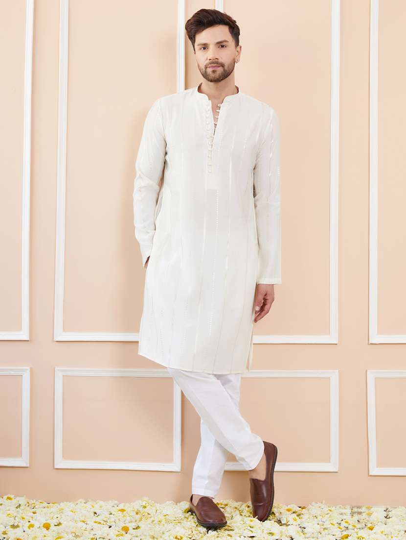 men self design long sleeve kurta