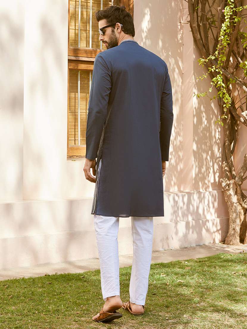 men solid with work mandarin neck long kurta - 22392124 -  Standard Image - 5
