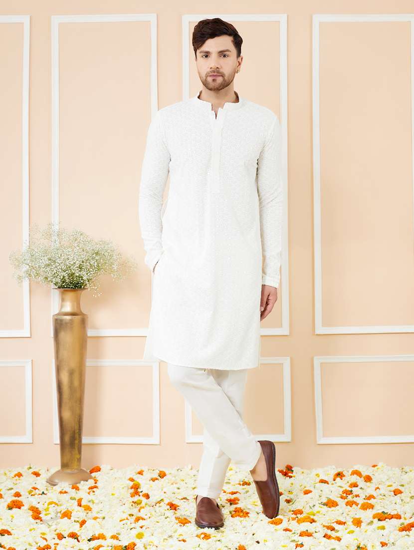 men solid with work mandarin neck long kurta