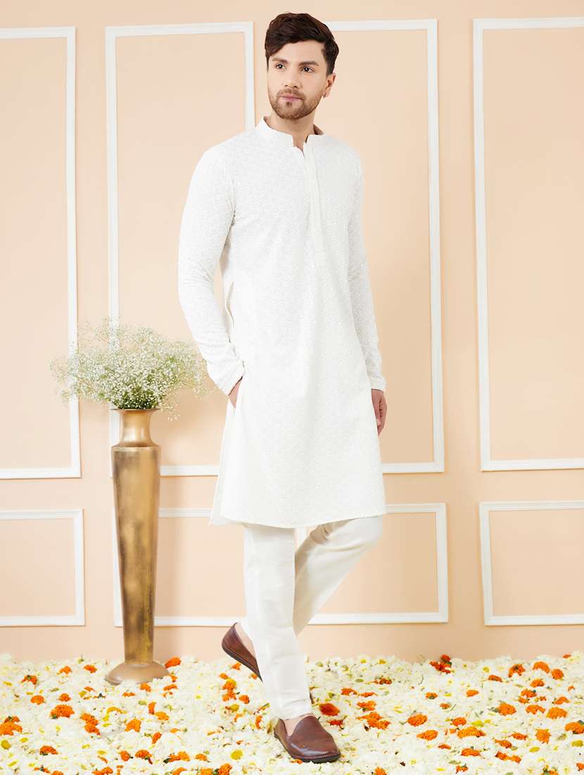men solid with work mandarin neck long kurta - 22392134 -  Standard Image - 3