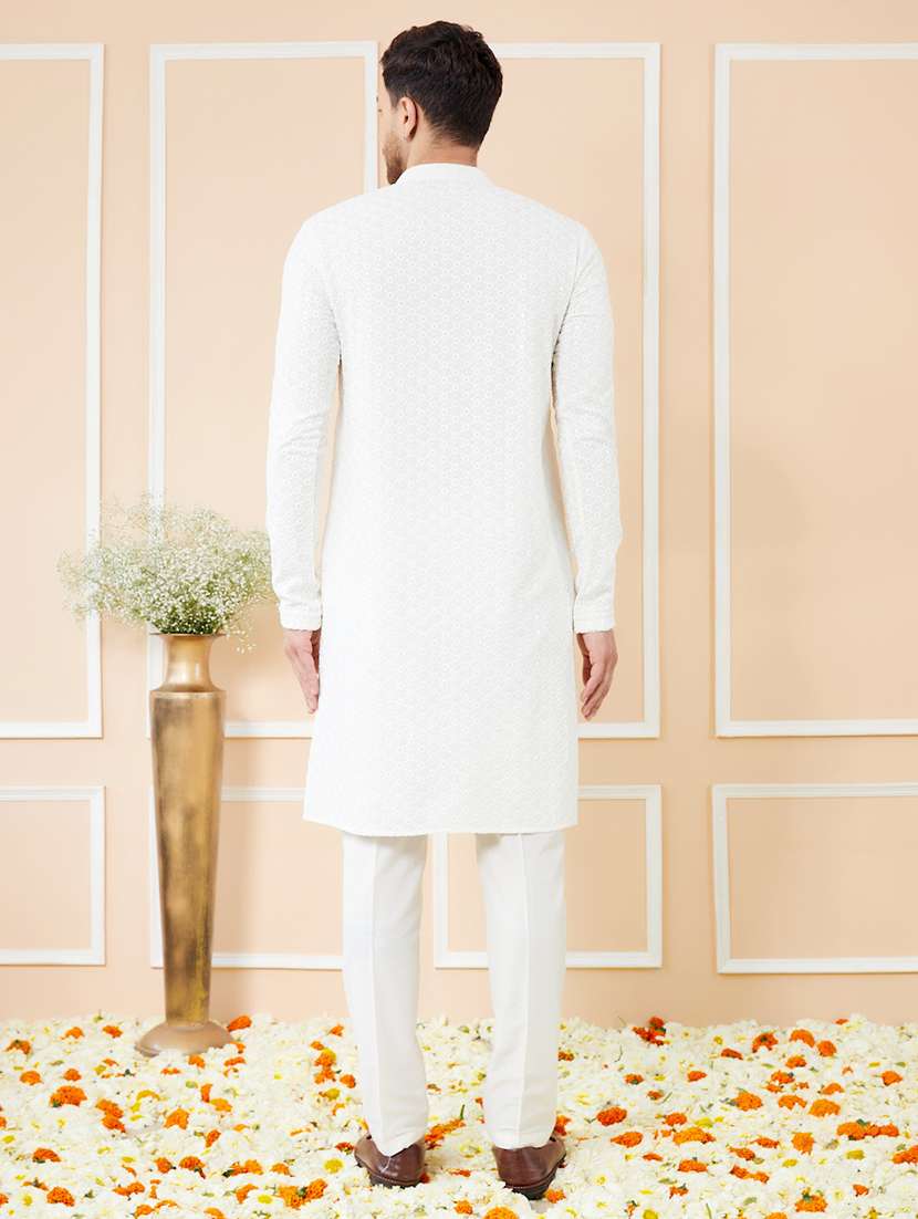 men solid with work mandarin neck long kurta - 22392134 -  Standard Image - 5