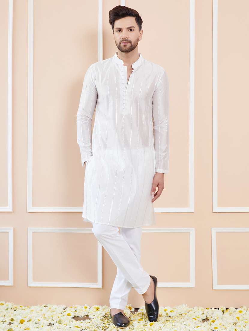 men solid with work mandarin neck long kurta