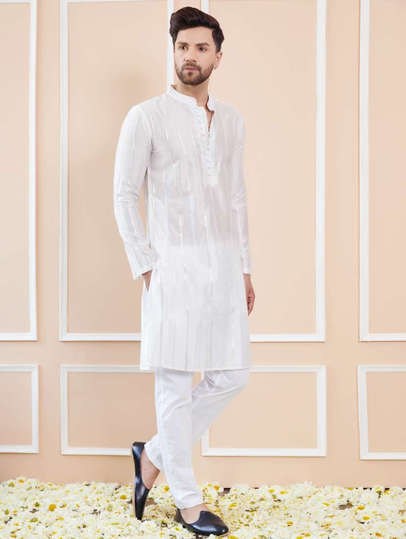 men solid with work mandarin neck long kurta - 22392136 -  Standard Image - 3