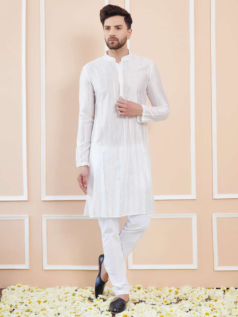 men solid with work mandarin neck long kurta