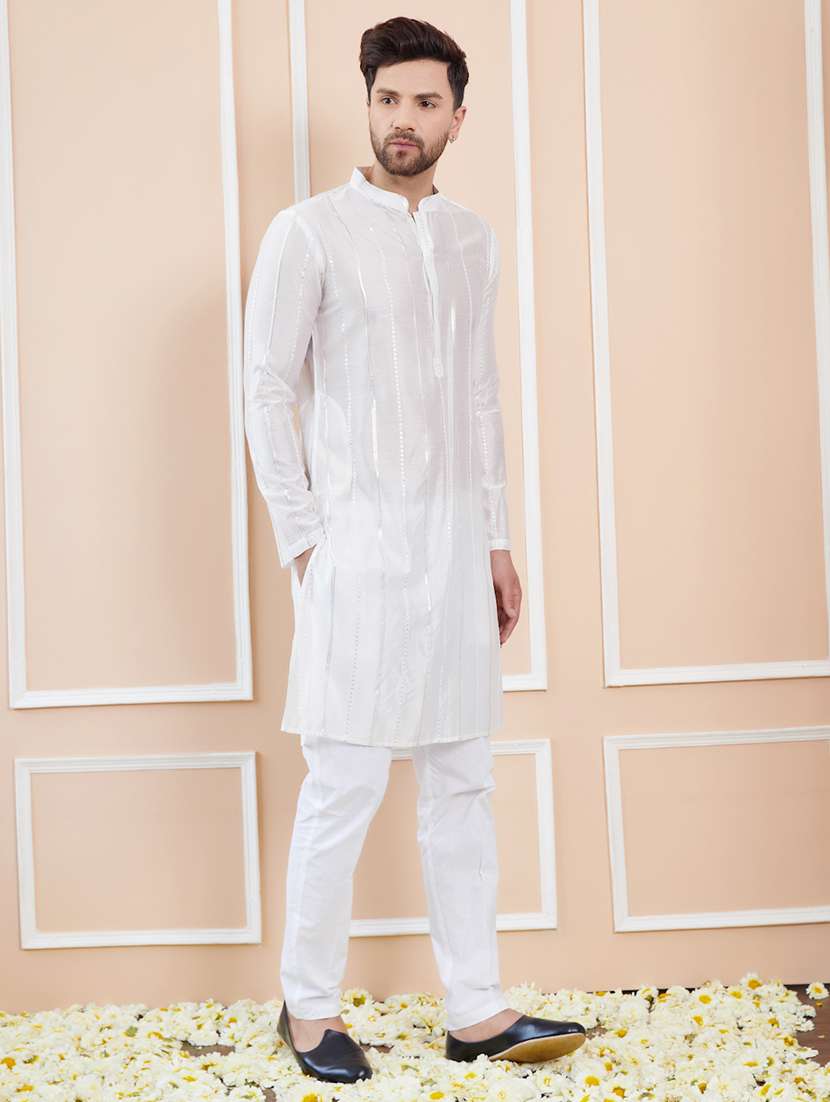 men solid with work mandarin neck long kurta - 22392137 -  Standard Image - 3