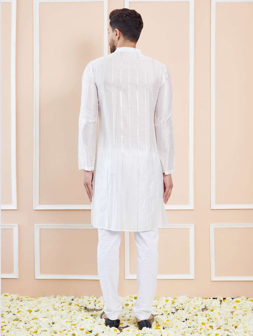 men solid with work mandarin neck long kurta - 22392137 -  Standard Image - 5