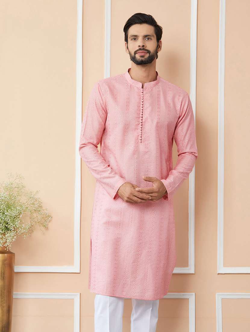 men solid with work mandarin neck long kurta