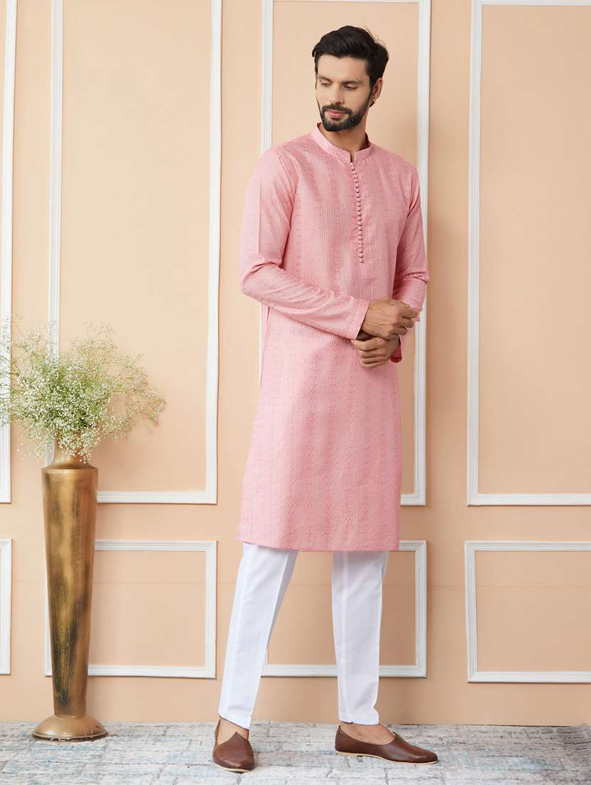 men solid with work mandarin neck long kurta - 22392148 -  Standard Image - 3