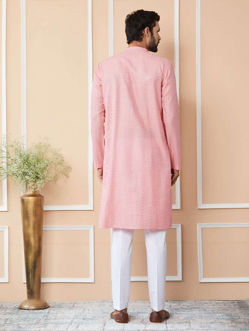 men solid with work mandarin neck long kurta - 22392148 -  Standard Image - 5