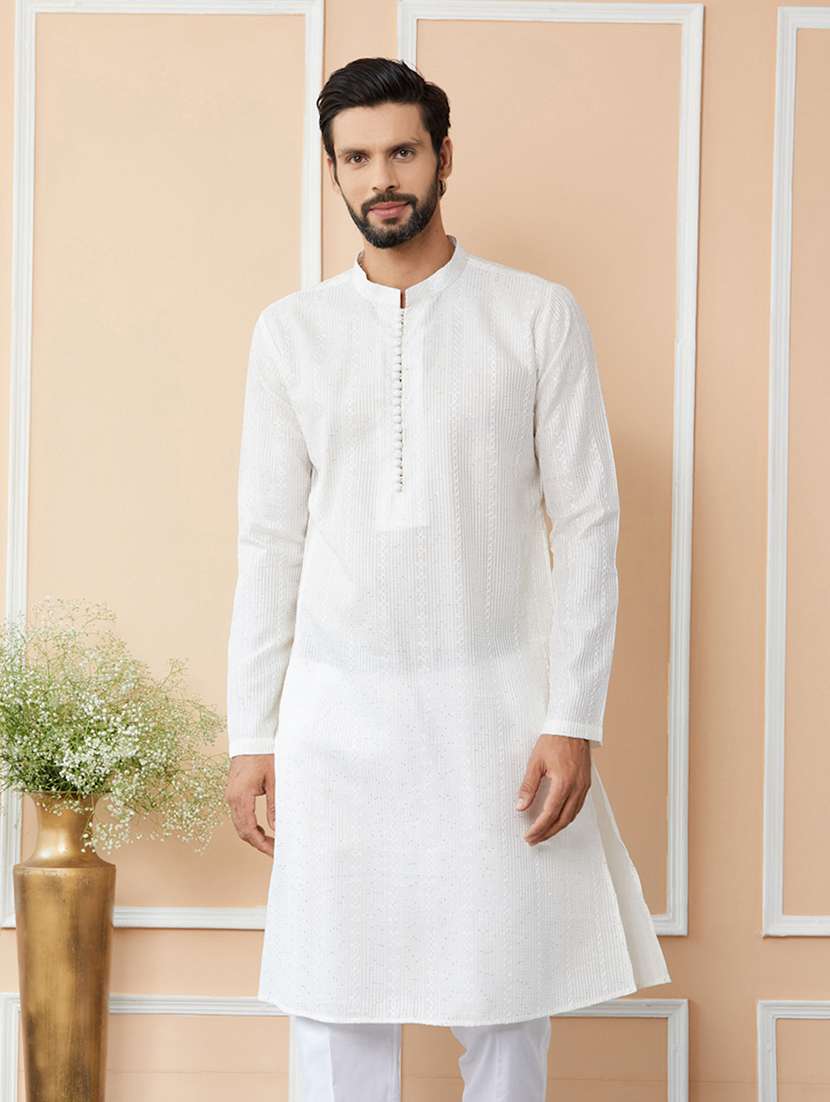 men solid with work mandarin neck long kurta