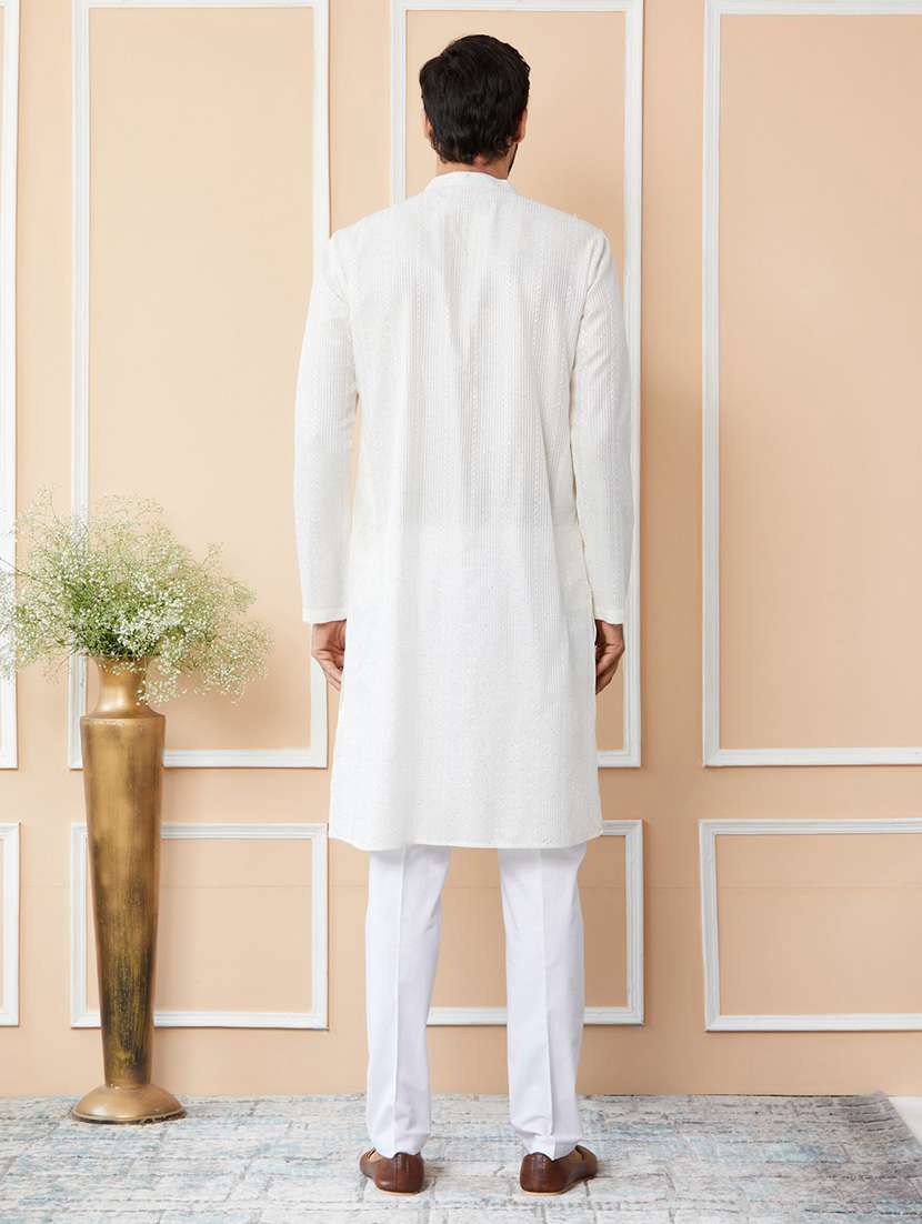 Men Solid With Work Mandarin Neck Long Kurta - 22392149 -  Standard Image - 5