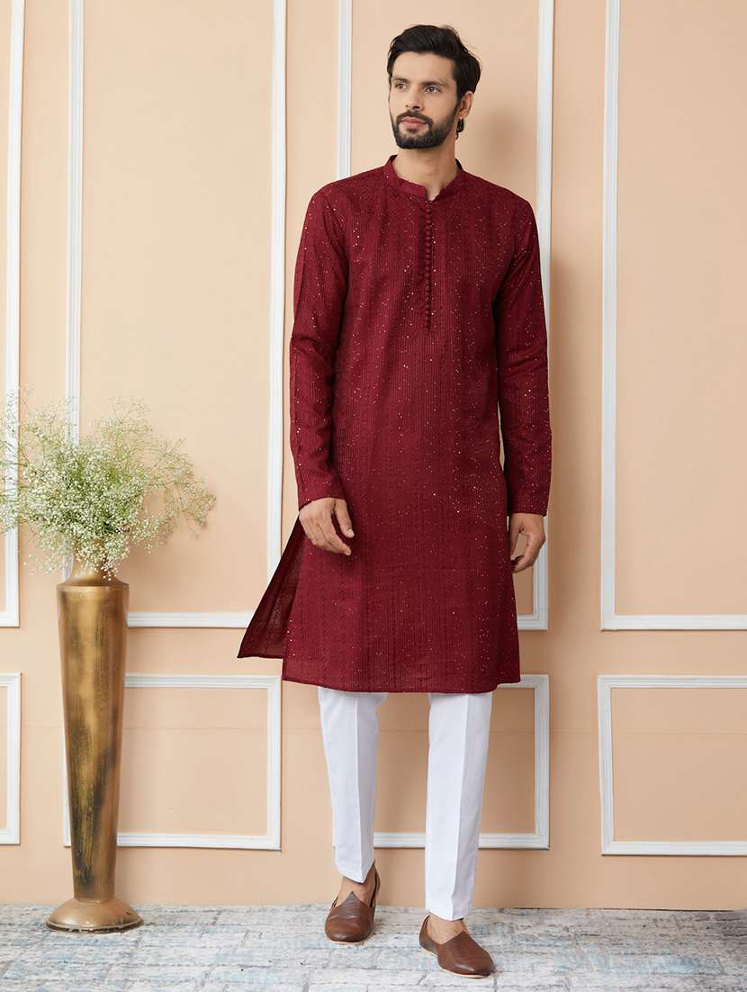 men solid with work mandarin neck long kurta - 22392151 -  Standard Image - 3