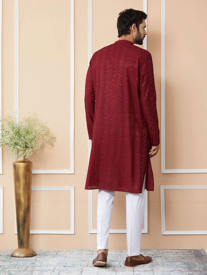 men solid with work mandarin neck long kurta - 22392151 -  Standard Image - 5
