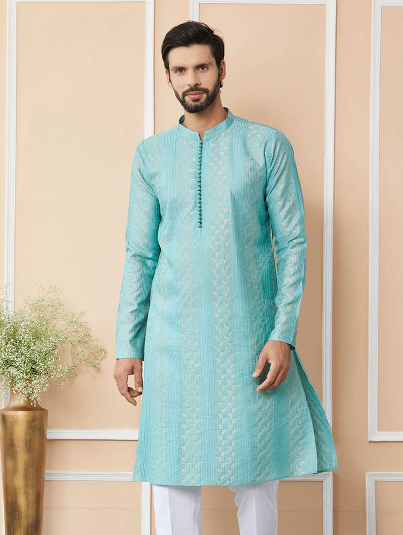 men solid with work mandarin neck long kurta