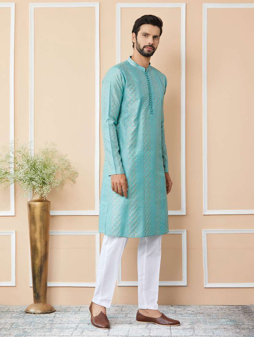 men solid with work mandarin neck long kurta - 22392153 -  Standard Image - 3