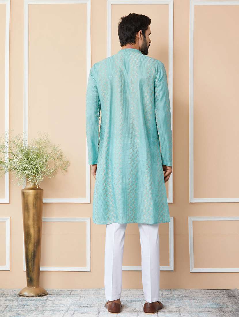 men solid with work mandarin neck long kurta - 22392153 -  Standard Image - 5