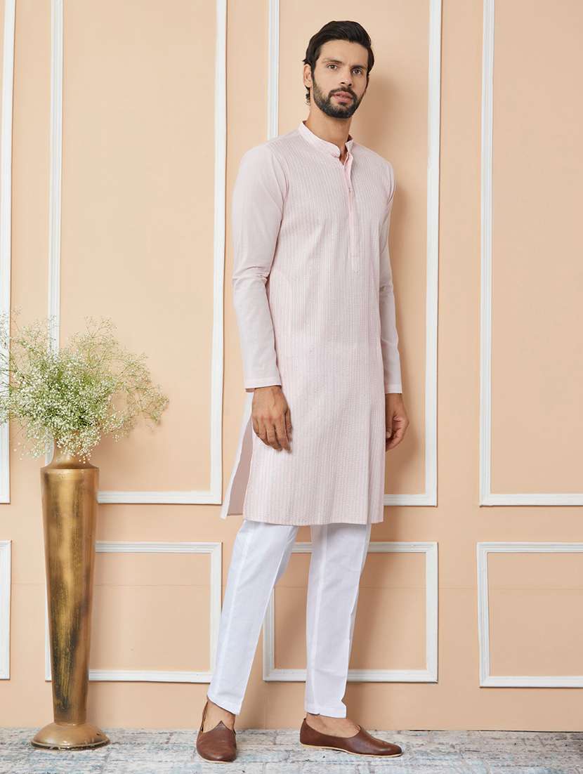 men solid with work mandarin neck long kurta - 22392156 -  Standard Image - 3