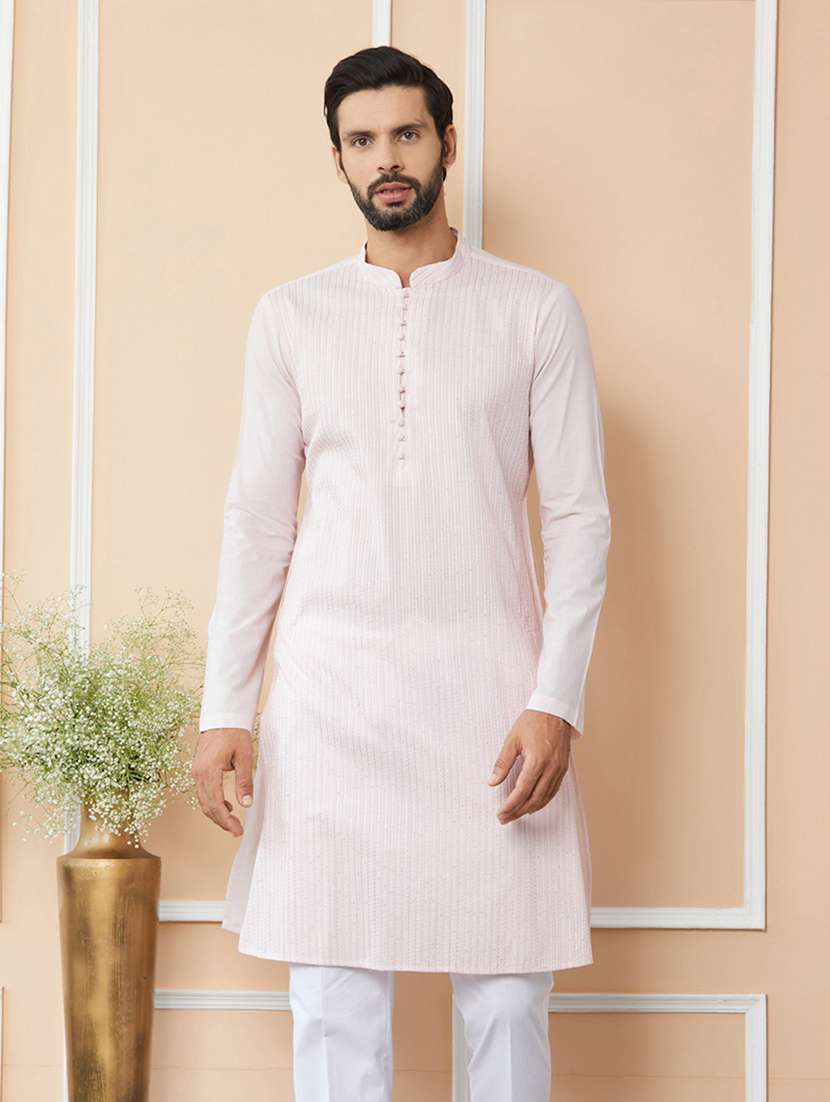 men solid with work mandarin neck long kurta