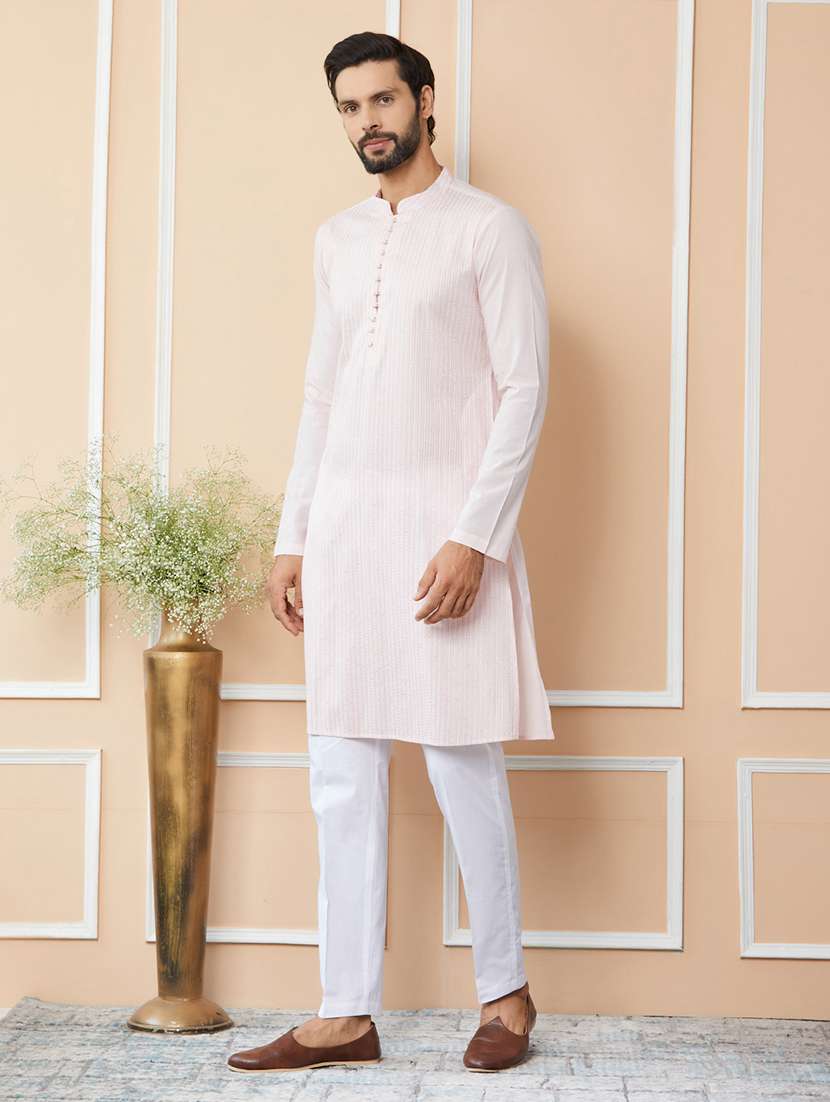 men solid with work mandarin neck long kurta - 22392157 -  Standard Image - 3