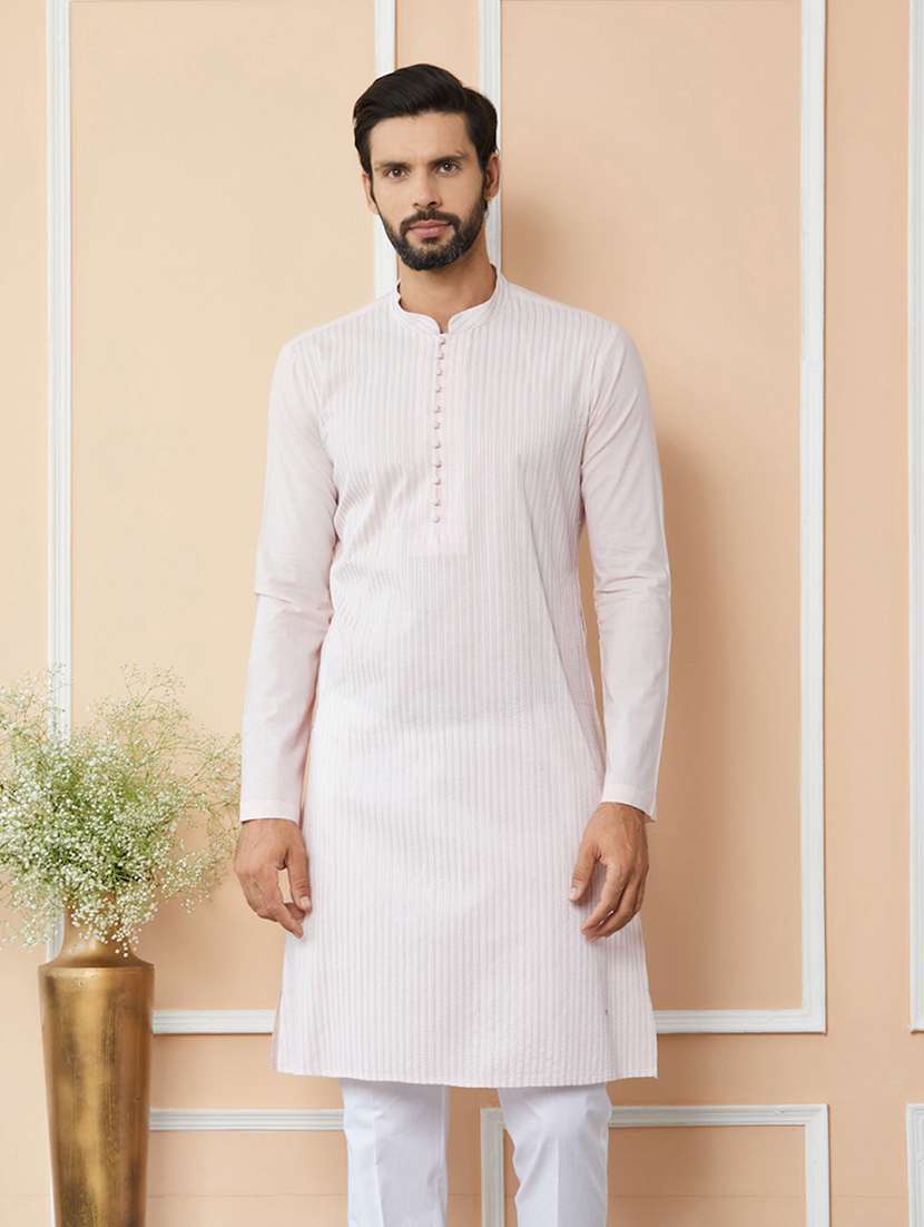 men solid with work mandarin neck long kurta